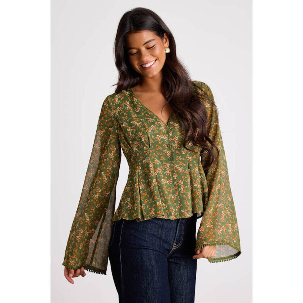 Lulus Merryn Olive Green Floral Button-front Pleated Long Sleeve Top - Size M